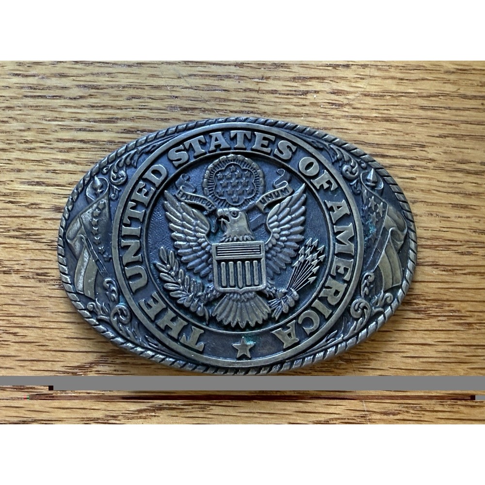 Vintage Tony Lama Solid Brass Belt Buckle United States Flag 1980s States Series